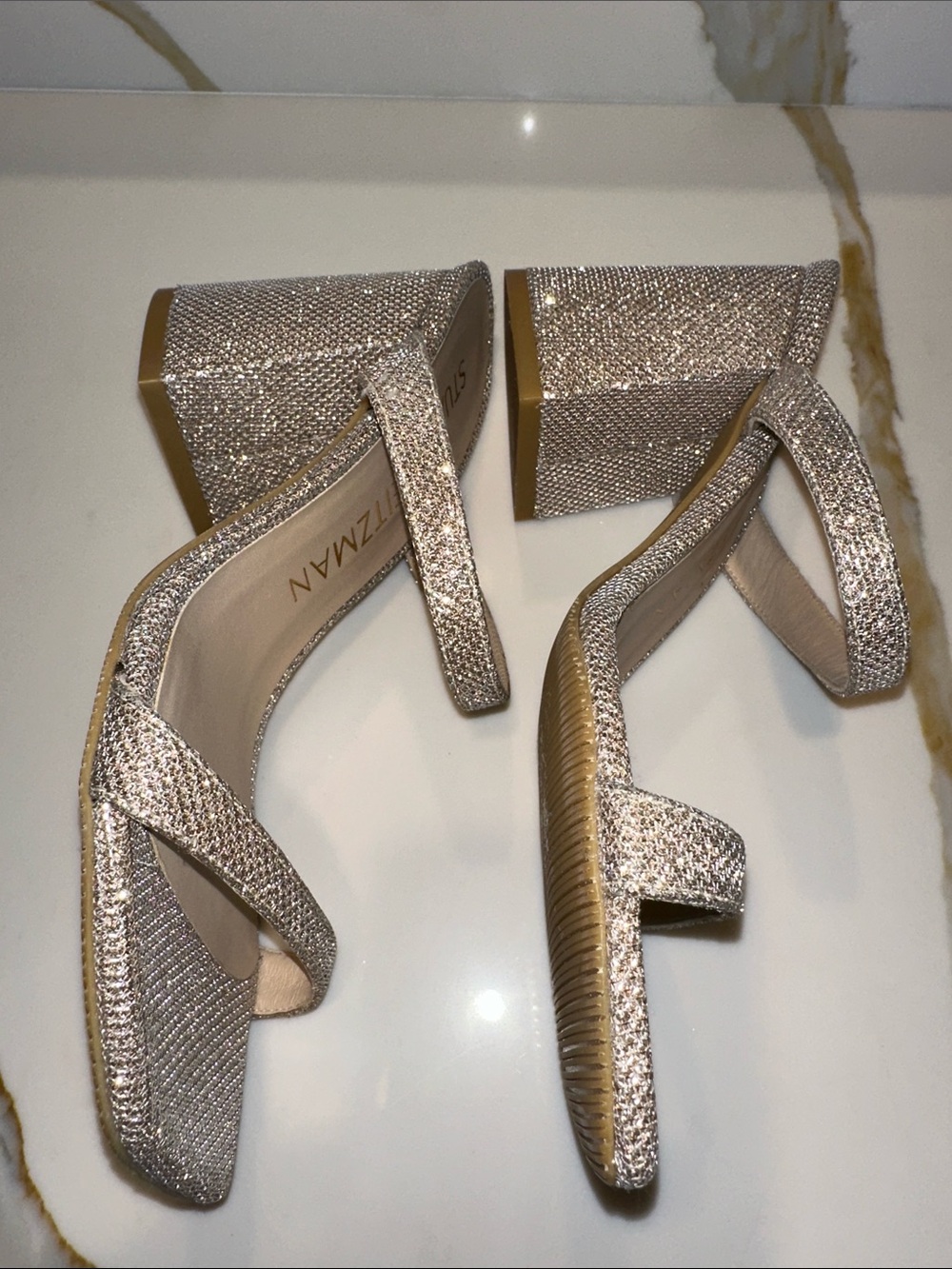 New Stuart Weitzman Glitter Strappy Mid Block Heel Sandals in Silver. Size 8B. - Picture 4 of 9